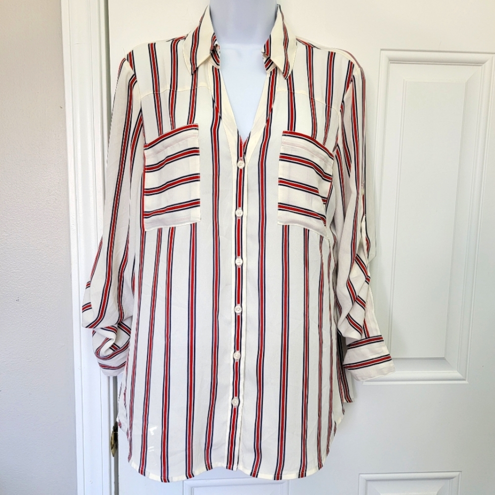 Express The Portofino Shirt Sheer Red Blue Striped  Womens Roll Tab Sleeve Med